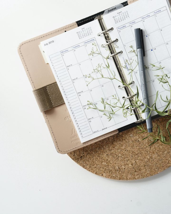 An open Filofax showing a month planner, with a pen and trailing greenery